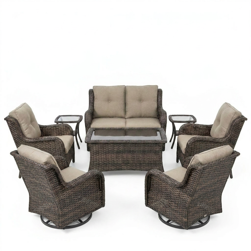 8 Pieces Patio Furniture Sets with Swivel Rocking Chairs,High-Back Rattan Patio Outdoor Conversation Set with 2-Seat Sofa & Coffee Table for Porch Deck Backyard Poolside — Studio Shot